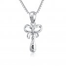 14K White Gold Diamond-Cut Bow Butterfly Drop Necklace 16" Gift C04377P