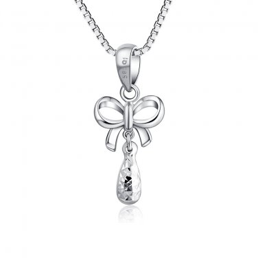 14K White Gold Diamond-Cut Bow Butterfly Drop Necklace 16" Gift C04377P