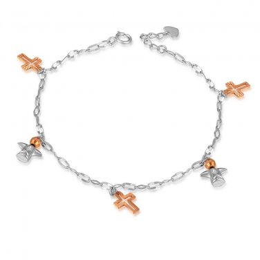 14K Rose White Gold Diamond-Cut Angel Cross Bracelet, Women Girl Jewelry in Gift Box C05618B