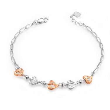14K Rose White Gold Diamond-Cut Five Hearts Bracelet (6.5") C05632B