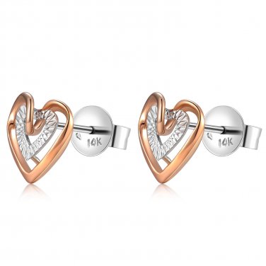 14K Italian Rose White Gold Interlocking Diamond-Cut Hearts Stud Earrings, Women Jewelry C04753E