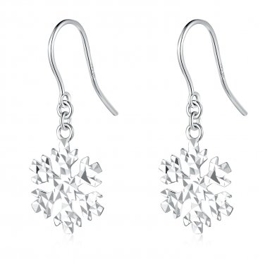 14K Italian White Gold Snowflake Diamond-Cut Shepherd Hook Earrings, Women Girl Jewelry C05014E