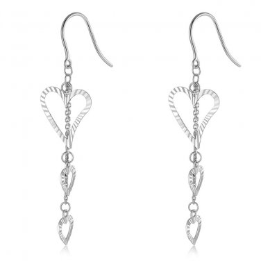 14K Italian White Gold Triple Diamond-Cut Hollow Hearts Hook Earrings, Women Girl Jewelry C05197E