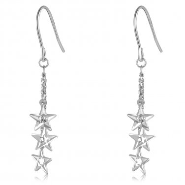 14K Italian White Gold Triple Thin Cut-out Stars Hook Earrings, Women Girl Jewelry C05926E