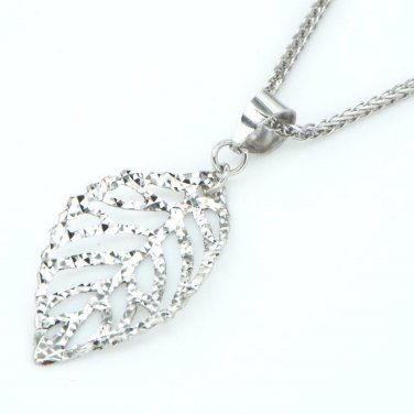 14K Italian White Gold Filigree Leaf Diamond-Cut Necklace, Women Girl Jewelry C05060P