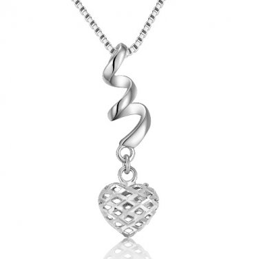 14K White Gold Swirl Filigree Puff Heart Necklace 16" C04493P