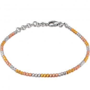 14K Tri-Color Gold Diamond-Cut Beads Bracelet 6.5" Gift B05914B