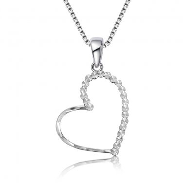 14K White Gold Diamond-Cut Heart Pendant Necklace 16'' Valentines C05937P