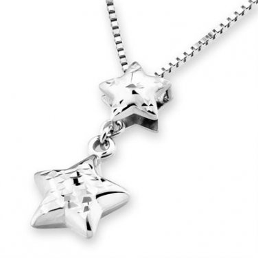14K White Gold Diamond Cut Double Star Necklace 16" Birthday Gift C04604P
