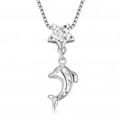 14K White Gold Diamond-Cut Star Dolphin Necklace 16", Women Girl Jewelry w/ Gift Box C04602P