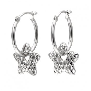 14K Italian White Gold Hammered Textured Star Hoop Earrings Jewelry Gift C04212E