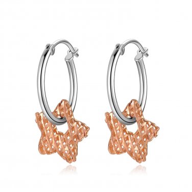 14K Italian Rose White Gold Hammered Textured Star Hoop Earrings Jewelry Gift C04212E