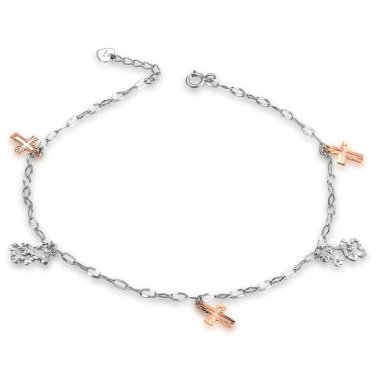 14K Rose White Gold Diamond-Cut Religious Cross Bear Anklet (23cm) C05619K