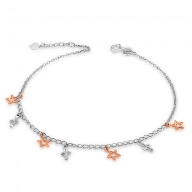 14K Rose White Gold Diamond-Cut Religious Cross Bear Anklet (23cm) C04959K