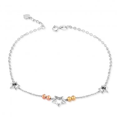 14K Tri-Color Gold Cut-out Stars and Diamond-Cut Beads Anklet (23cm) C04957K