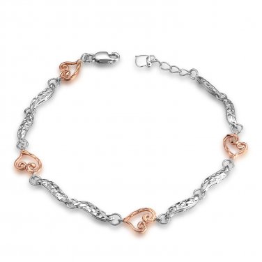 14K Rose White Gold Diamond-Cut Hearts Bracelet 6.5" B05958B