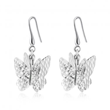 14K White Gold Butterfly Diamond Cut Dangle Earrings, Fashion Jewelry Girl Gift C04802E