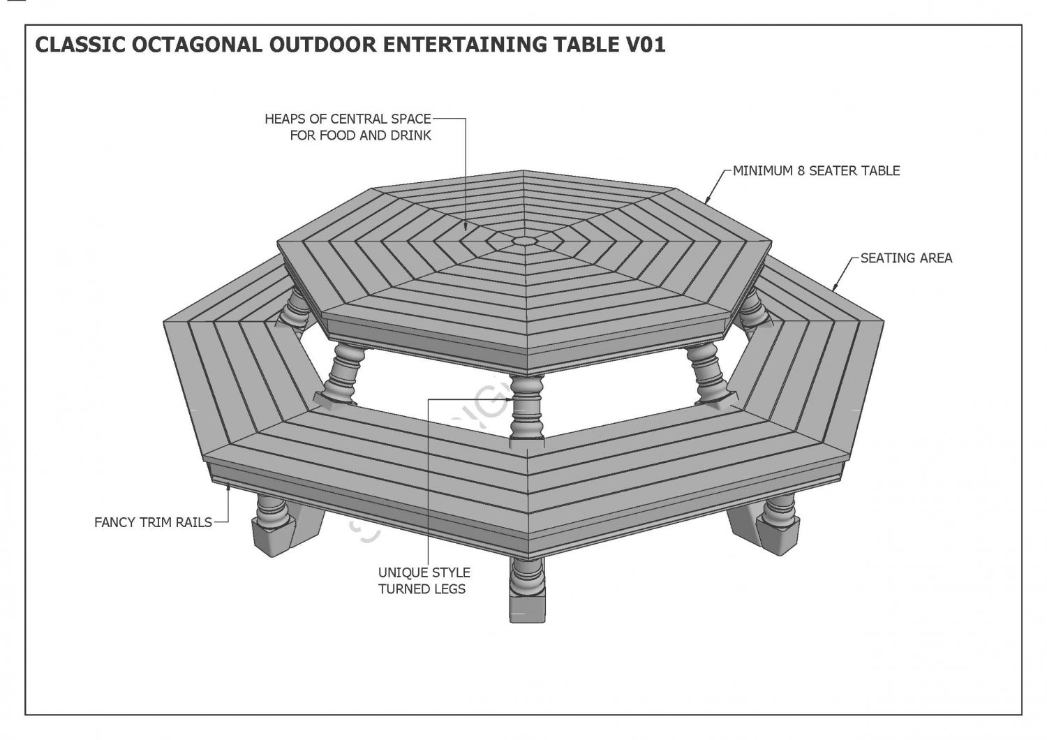 OCTAGON OUTDOOR TIMBER TABLE & CHAIR - UNIQUE DESIGN V1 - Full Building Plans
