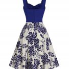 Retro Dress 1950s Blue Floral Sweetheart Neck XL 10/12 (EC-B8)