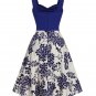 Retro Dress 1950s Blue Floral Sweetheart Neck XL 10/12 (EC-B8)