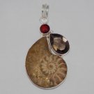 925 Silver Jewelry Pandent With AMMONITE  SMOKY QUARTZ and GARNET HYDRO P-61L5
