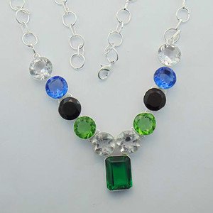 Multicolor Green Blue Quartz Crystal Garnet Silver Necklace 19" Adjustable N24L4