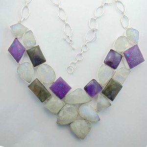 RAINBOW  PURPLE TURQUOISE AMETHYST 925 Silver Necklace 23" Adjustable N-11L2