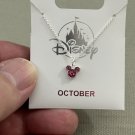 Disney Parks Mickey Mouse Rose October Faux Birthstone Necklace Silver Color