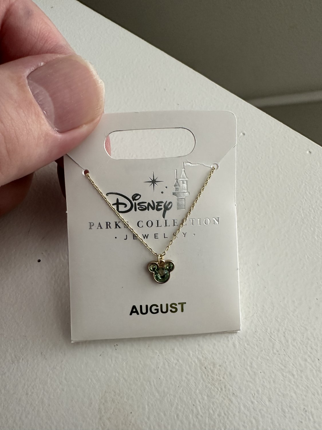Disney Parks Minnie Mouse Faux Peridot August Birthstone Necklace Gold Color