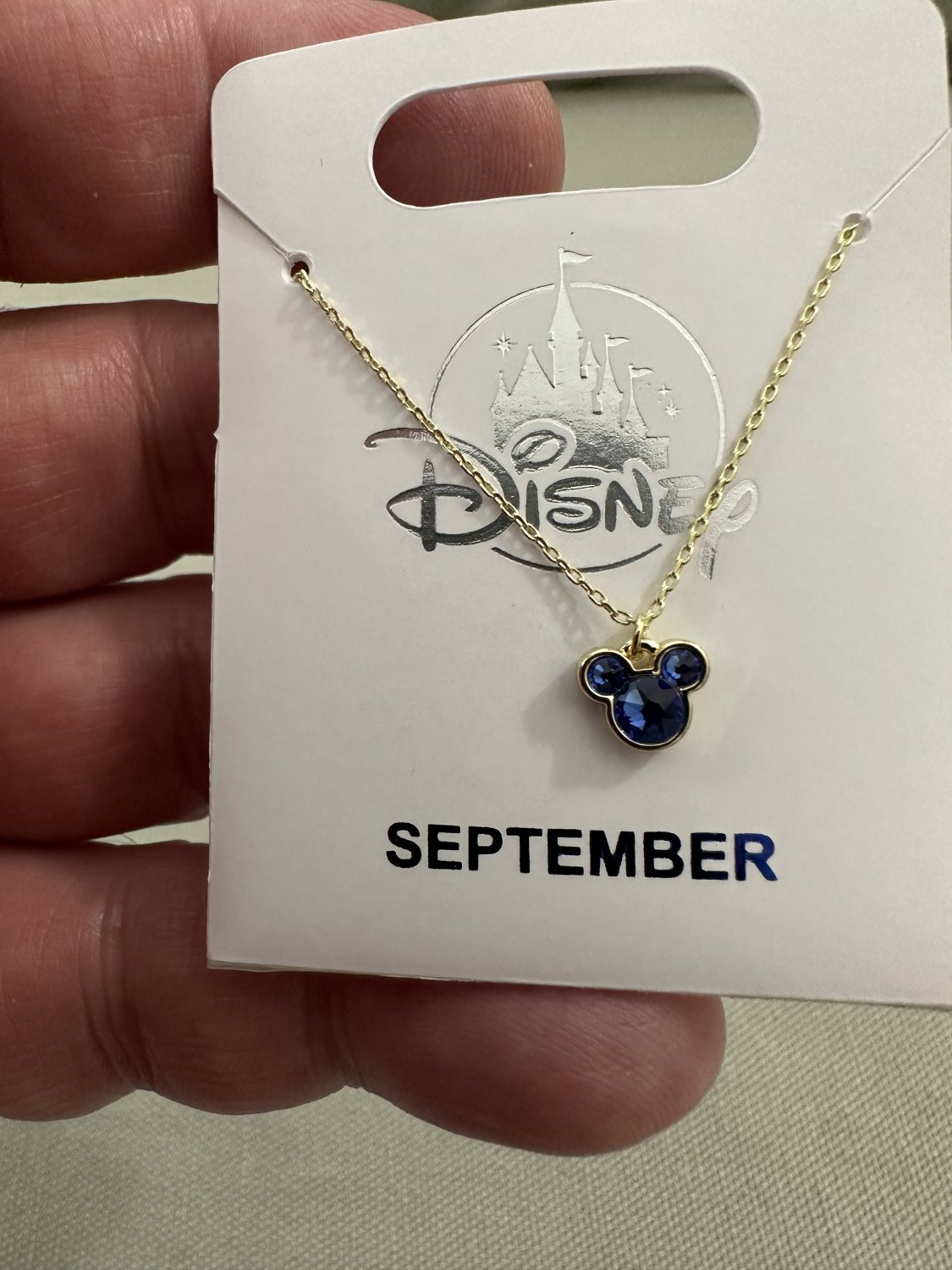Disney Parks Minnie Mouse Faux Sapphire September Birthstone Necklace Gold Tone