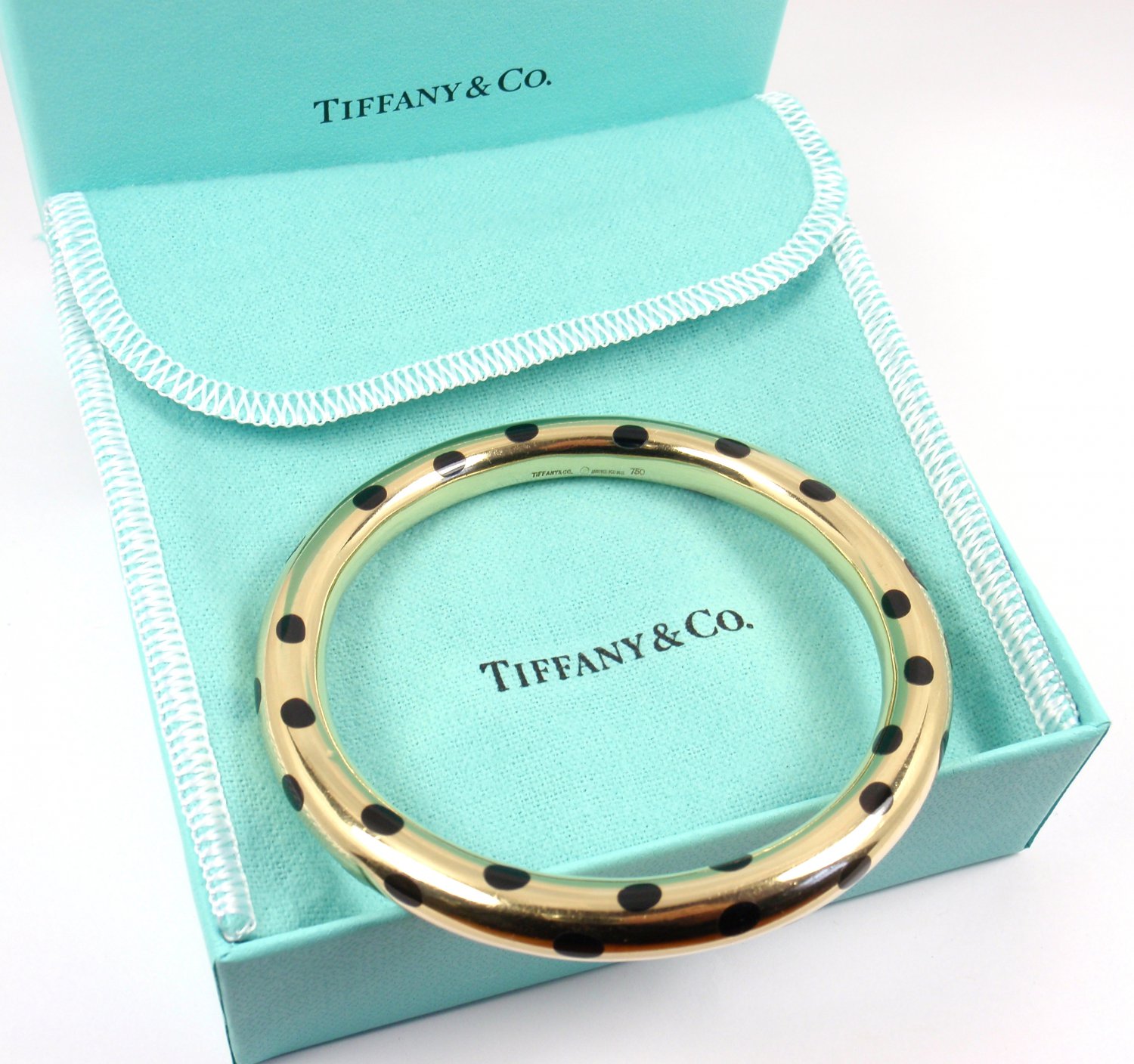 Rare Vintage Tiffany & Co 18K Yellow Gold Black Jade Inlaid Bangle Bracelet