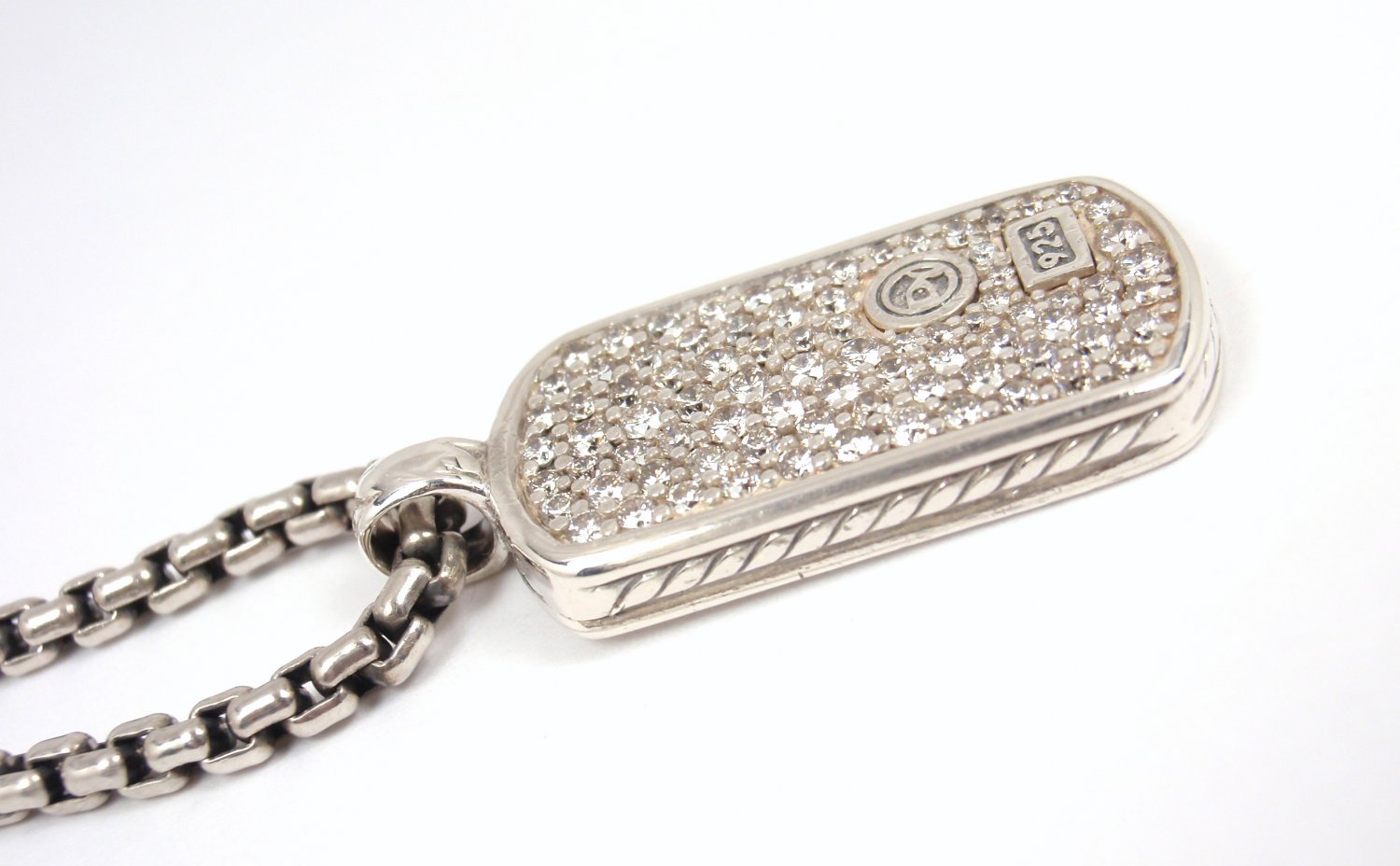 David Yurman Sterling Silver Pave Diamond Dog Tag Pendant Chain