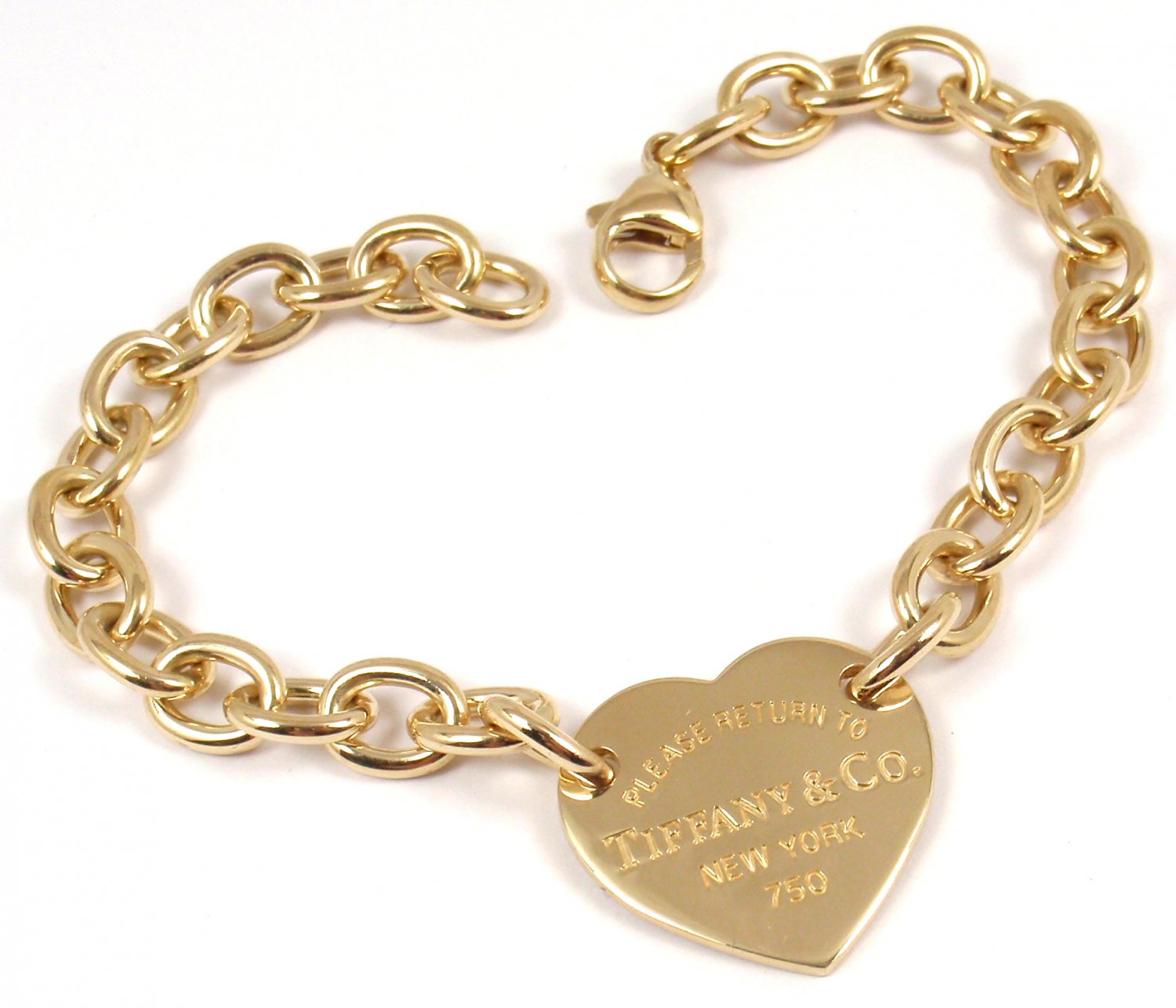 Return To Tiffany & Co 18K Gold Heart Tag Charm Bracelet 7.5" w/pouch