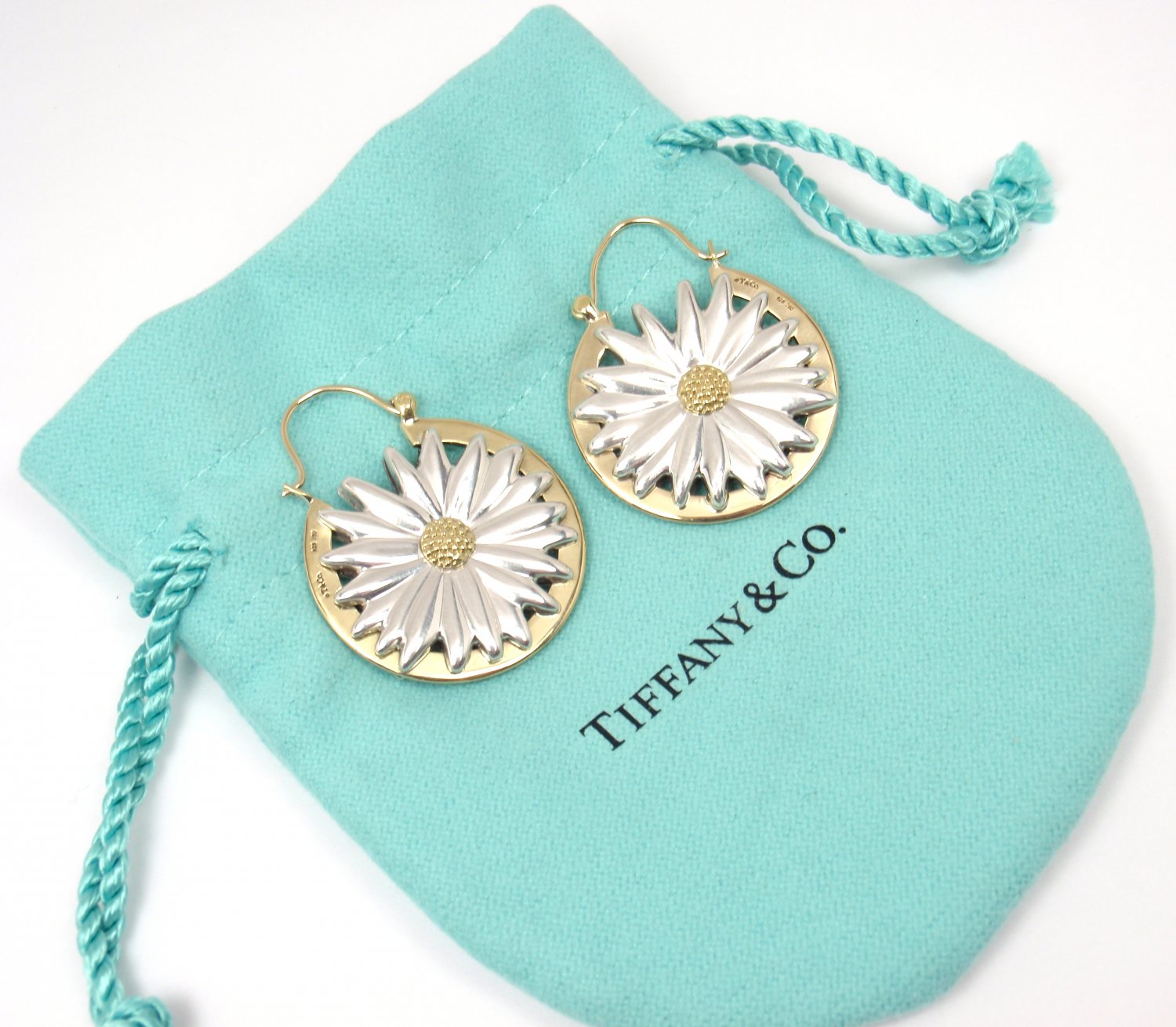 Rare Vintage Tiffany & Co Sterling Silver 18K Gold Large Daisy Earrings