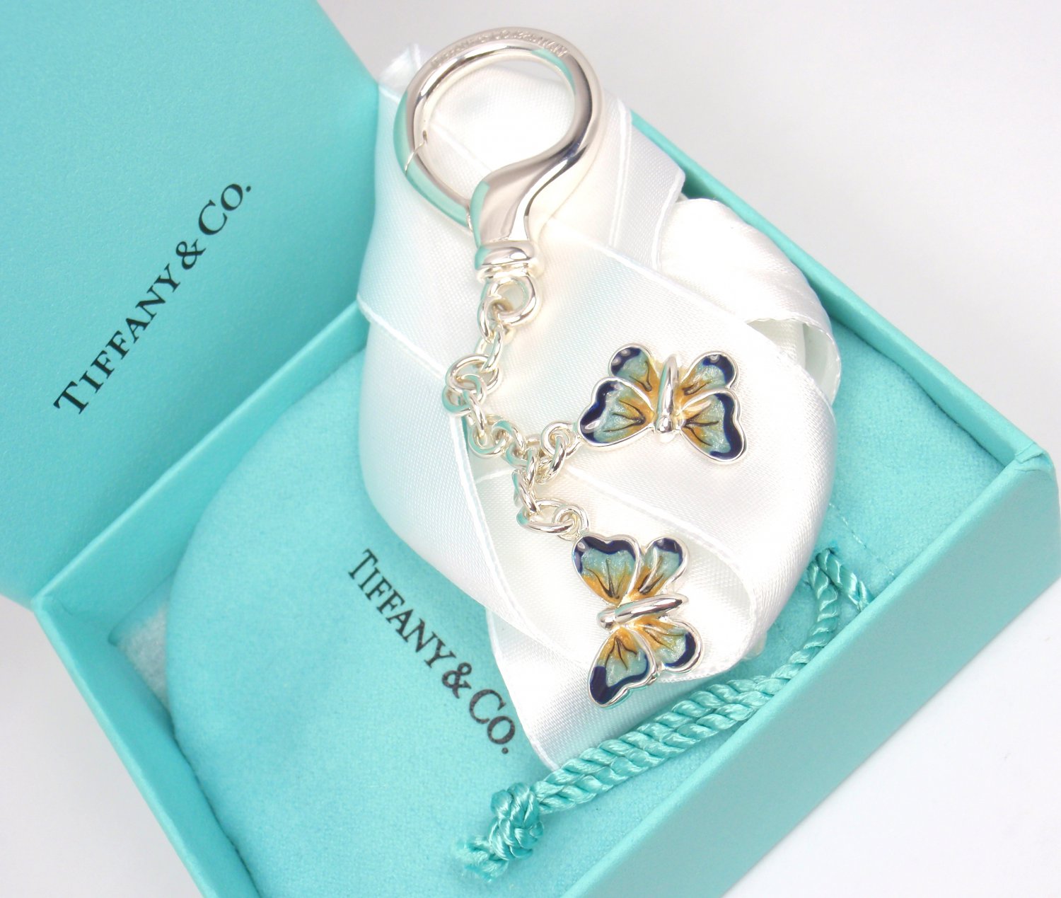 RARE Vintage Tiffany & Co Sterling Silver Enamel Butterfly Keyring
