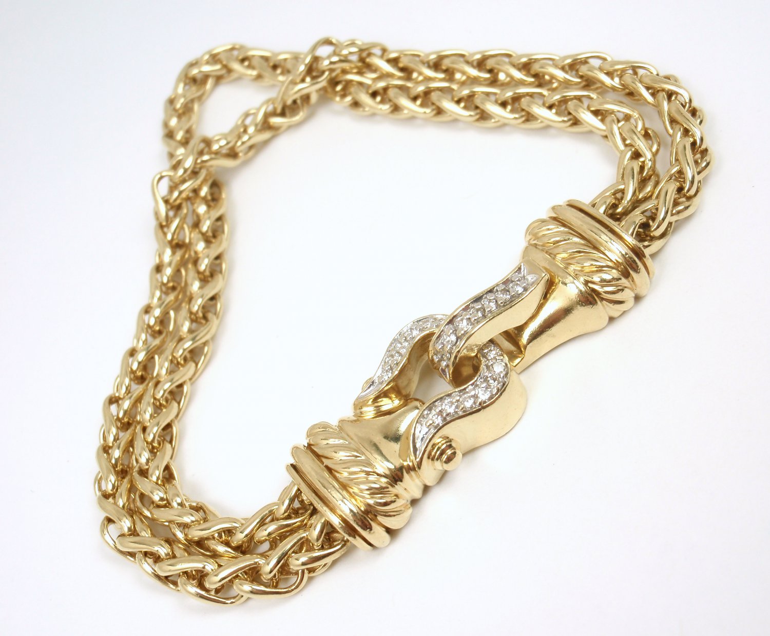 Vintage David Yurman Solid 18K Gold Diamond Buckle Wheat Chain Bracelet