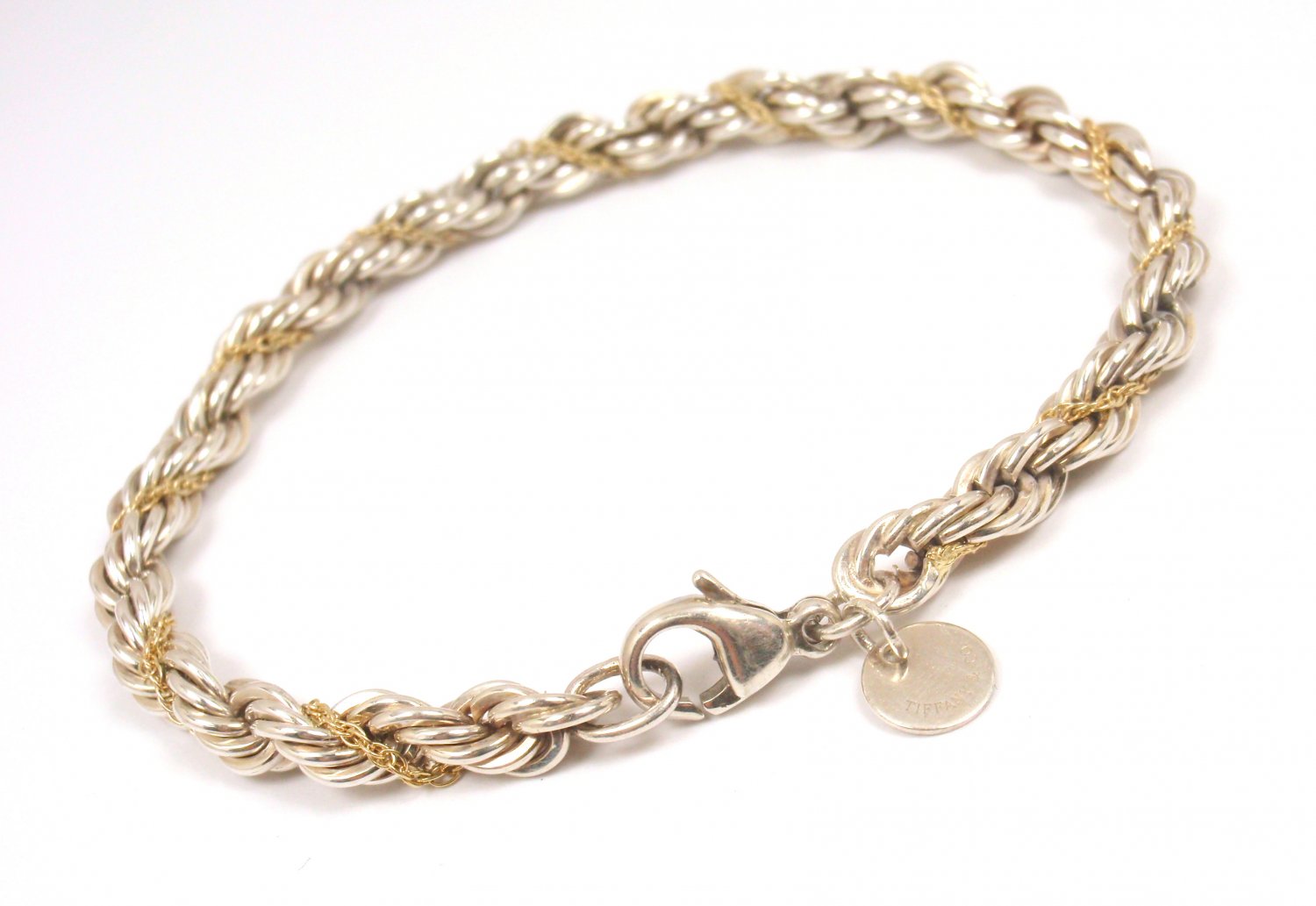 Vintage Tiffany And Co Sterling Silver 18k Yellow Gold 5mm Rope Chain Bracelet 7