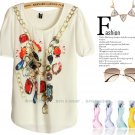 Ladies Crew Neck Short-Sleeve Chiffon Jewelry Printed Blouse