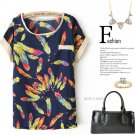 Ladies Crew Neck Short-Sleeve Chiffon Feather Printed Blouse