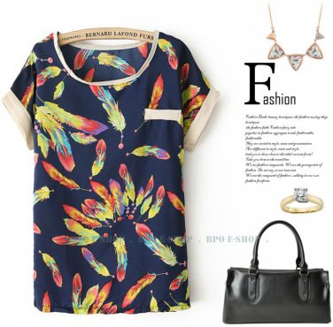 Ladies Crew Neck Short-Sleeve Chiffon Feather Printed Blouse