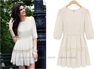 Ladies Crew Neck Mid-Sleeve Lace Chiffon One-Piece Dress