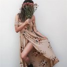 Size L Khaki Slash-neck Floral Printed Summer Beach Dress DM1005