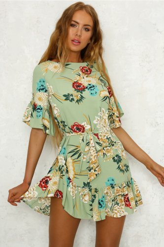 Size XL Green Tie Floral Ruffle Maxi Dress DM1006