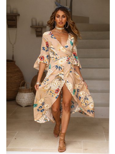 Size XL Khaki Bohemian V-neck Maxi Dress DM1009