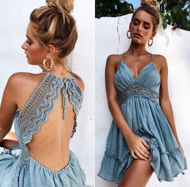 Size M Blue V-neck Floral Mini Sexy Dress DM1024