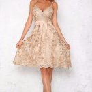 Size S Apricot Sexy Elegant V-neck Embroidery Long Women Dress DM1025