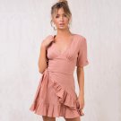 Size 2XL Peach Bohemian V-neck Loose Short Sleeve Mini Dress DM1028