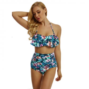 Size XL Blue High Waist Floral Printed Summer Bikini DM1048