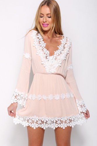 Size S Pink V-neck Long Sleeve Lace Chiffon Dress DM1065