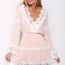 Size L Pink V-neck Long Sleeve Lace Chiffon Dress DM1065